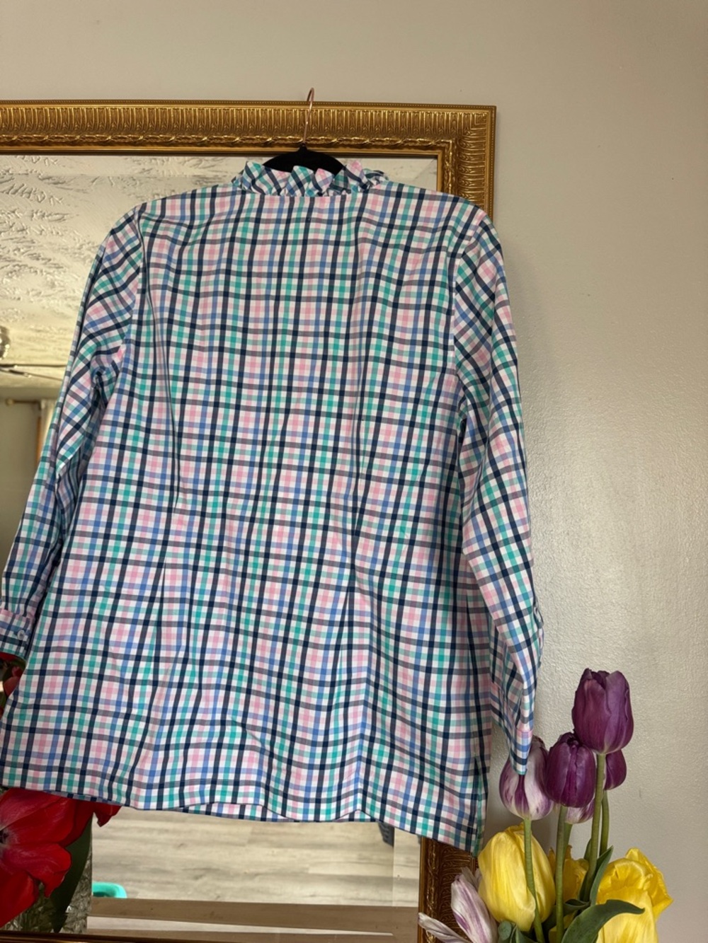 🔥Talbots Multi-Color Plaid Ruffle V-Neck Blouse - Picture 6 of 6